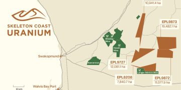 Map showing Skeleton Coast uranium projects with mines (Rössing, Husab, Bannerman, Langer Heinrich) and EPL blocks EPL8617, EPL9873, EPL9727, EPL8208, EPL9872; Swakopmund and Walvis Bay Port labeled.