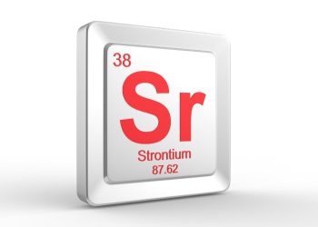 3D tile displaying the chemical element Strontium (Sr): atomic number 38, atomic mass 87.62, on a white frame.