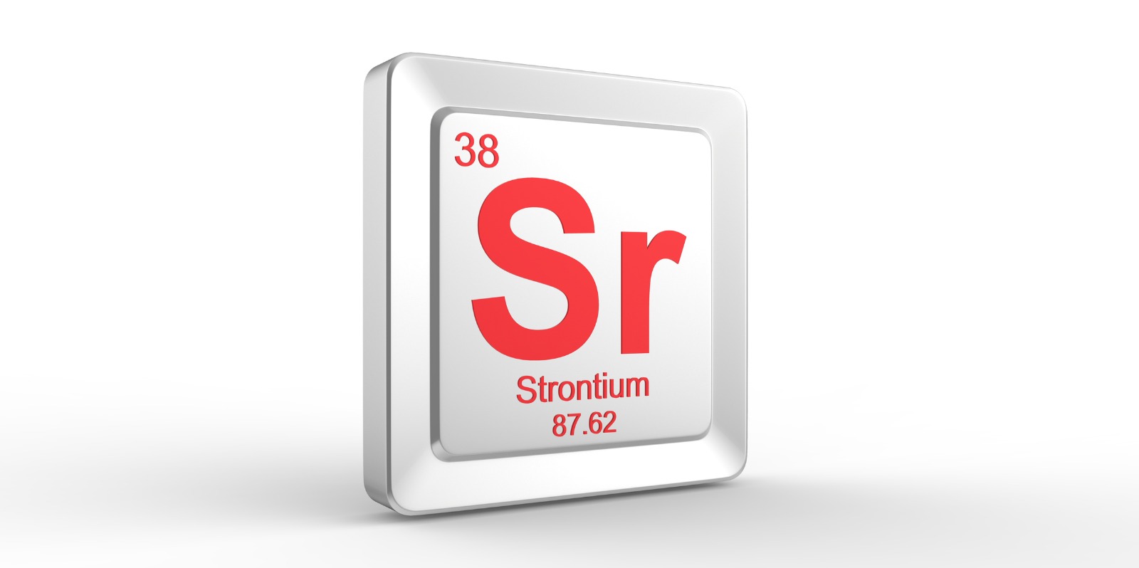 3D tile displaying the chemical element Strontium (Sr): atomic number 38, atomic mass 87.62, on a white frame.