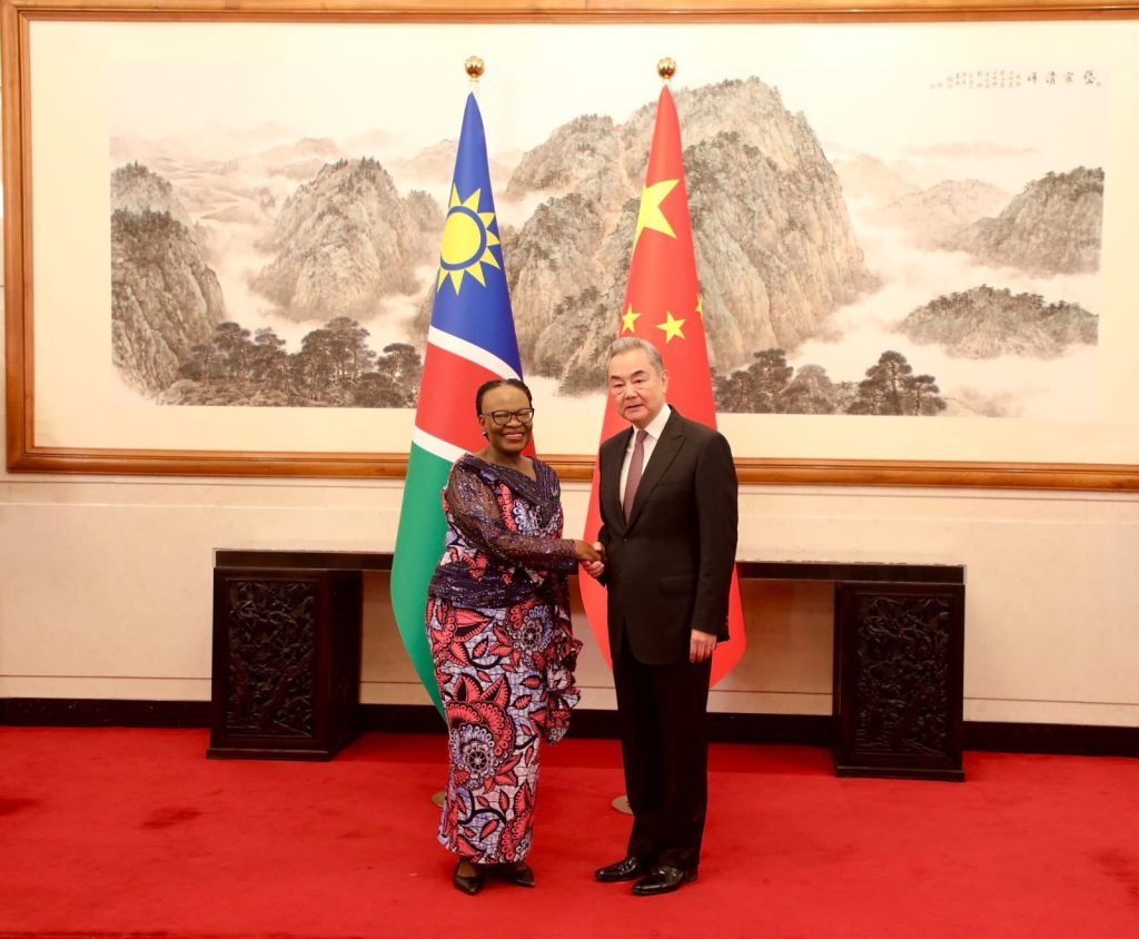 Two dignitaries shake hands in a formal room, standing between Namibian and Chinese flags with a mountain landscape painting in the background.