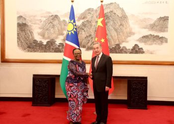 Two dignitaries shake hands in a formal room, standing between Namibian and Chinese flags with a mountain landscape painting in the background.