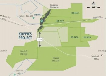 Map of the Koppies Project showing EPL mining blocks and boundaries in green, with scale bar, north arrow, and nearby place labels (e.g., Namib IV EPL 7662, Hirabeb EPL 7278).