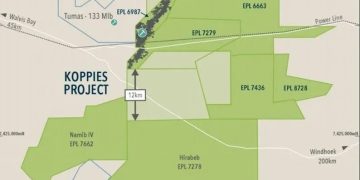 KOPPIES PROJECT | Mining and Energy Namibia | Namibia’s Leading Mining & Energy News Map of the Koppies Project showing EPL mining blocks and boundaries in green, with scale bar, north arrow, and nearby place labels (e.g., Namib IV EPL 7662, Hirabeb EPL 7278).