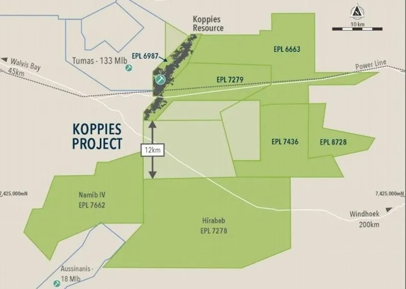 Map of the Koppies Project showing EPL mining blocks and boundaries in green, with scale bar, north arrow, and nearby place labels (e.g., Namib IV EPL 7662, Hirabeb EPL 7278).