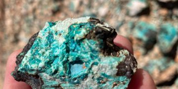 Turquoise-blue mineral sample held between two fingers, showing rough, mottled blue-green rock.
