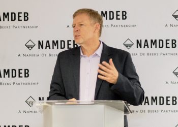 Man in a dark suit speaks at a podium, NAMDEB branding behind him.