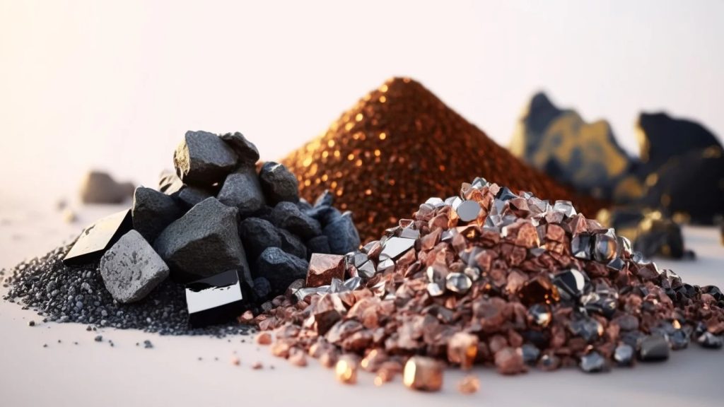 Piles of dark rocks and copper-colored mineral chunks on a light surface, with more mineral mounds blurred in the background.