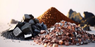 critical metals 1 | Mining and Energy Namibia | Namibia’s Leading Mining & Energy News Piles of dark rocks and copper-colored mineral chunks on a light surface, with more mineral mounds blurred in the background.