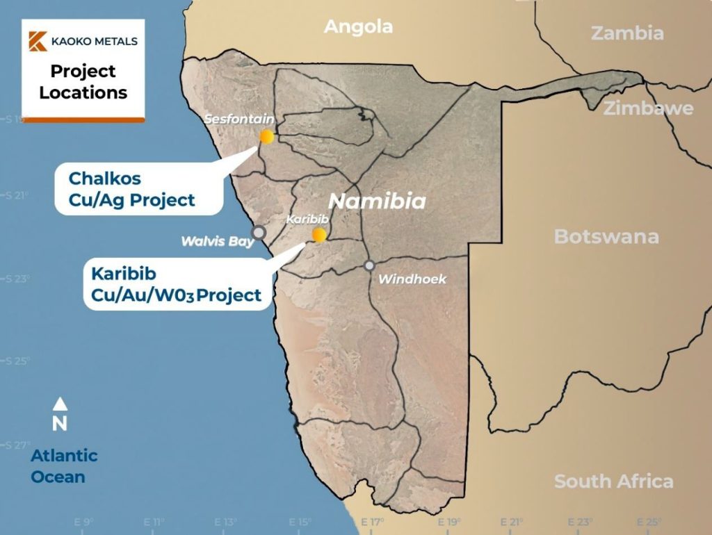 KAOKO METALS | Mining and Energy Namibia | Namibia’s Leading Mining & Energy News Namibia map highlighting two mining projects: Chalkos Cu/Ag near Sesfontain and Karibib Cu/Au/WO3 near Walvis Bay.