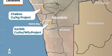 KAOKO METALS | Mining and Energy Namibia | Namibia’s Leading Mining & Energy News Namibia map highlighting two mining projects: Chalkos Cu/Ag near Sesfontain and Karibib Cu/Au/WO3 near Walvis Bay.