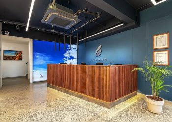 Reception desk in a modern office lobby with a blue wall and company logo, wood-panel front, and a potted plant nearby.