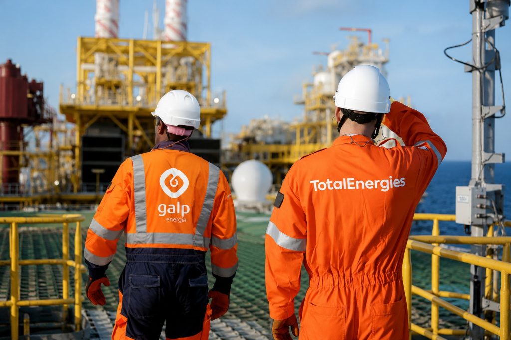 total energies | Mining and Energy Namibia | Namibia’s Leading Mining & Energy News Two workers in bright orange safety suits and white hard hats stand on an offshore oil platform, surveying equipment.