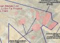ASKARI | Mining and Energy Namibia | Namibia’s Leading Mining & Energy News Geologic exploration map for Askari Metals Uis Li-Sn-Ta project with pink mapped pegmatite bodies inside blue outlined boundaries; notes indicate area inspected and mine labels.