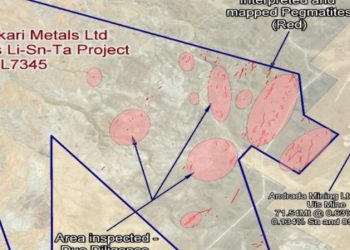 ASKARI | Mining and Energy Namibia | Namibia’s Leading Mining & Energy News Geologic exploration map for Askari Metals Uis Li-Sn-Ta project with pink mapped pegmatite bodies inside blue outlined boundaries; notes indicate area inspected and mine labels.