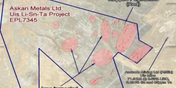 Geologic exploration map for Askari Metals Uis Li-Sn-Ta project with pink mapped pegmatite bodies inside blue outlined boundaries; notes indicate area inspected and mine labels.