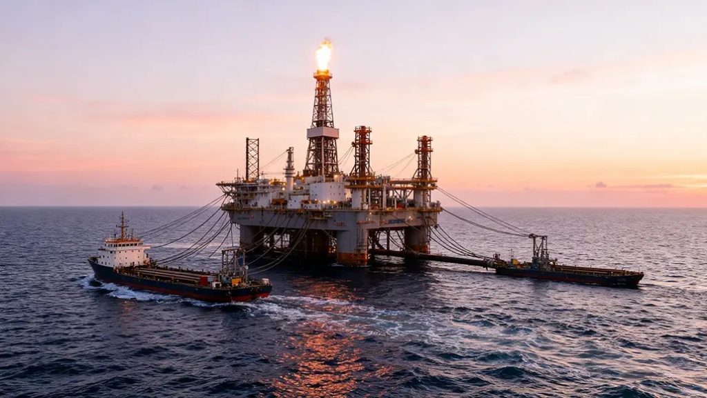 WhatsApp Image 2026-06-21 at 82437 AM | Mining and Energy Namibia | Namibia’s Leading Mining & Energy News Offshore oil rig with a tall flare stack at sunset, connected to two escort ships in calm sea.