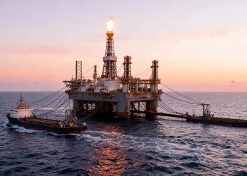 Offshore oil rig with a tall flare stack at sunset, connected to two escort ships in calm sea.