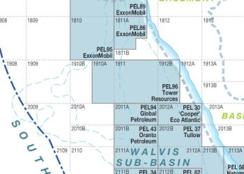 Map of oil blocks in the Wallis Sub-Basin with labels like PEL95 ExxonMobil, PEL96 Tower Resources, PEL94 Global Petroleum, and PEL30 'Cooper' Atlantic along grid coordinates.