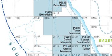 TOWER RESOURCES | Mining and Energy Namibia | Namibia’s Leading Mining & Energy News Map of oil blocks in the Wallis Sub-Basin with labels like PEL95 ExxonMobil, PEL96 Tower Resources, PEL94 Global Petroleum, and PEL30 'Cooper' Atlantic along grid coordinates.