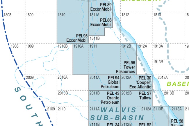 Map of oil blocks in the Wallis Sub-Basin with labels like PEL95 ExxonMobil, PEL96 Tower Resources, PEL94 Global Petroleum, and PEL30 'Cooper' Atlantic along grid coordinates.