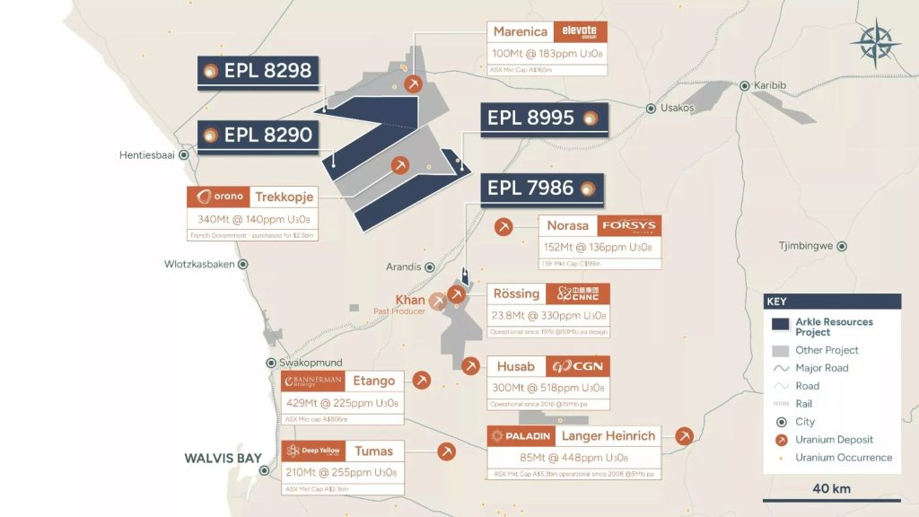 Map of Namibia showing uranium exploration projects with labels for EPL 8298, EPL 8290, EPL 8995, EPL 7986, Norasa, Rössing, Husab, Langer Heinrich, Trekkopje, Etango, Tumas, and a legend indicating project type and symbols.