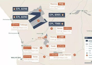 Map of Namibia showing uranium exploration projects with labels for EPL 8298, EPL 8290, EPL 8995, EPL 7986, Norasa, Rössing, Husab, Langer Heinrich, Trekkopje, Etango, Tumas, and a legend indicating project type and symbols.