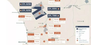 Map of Namibia showing uranium exploration projects with labels for EPL 8298, EPL 8290, EPL 8995, EPL 7986, Norasa, Rössing, Husab, Langer Heinrich, Trekkopje, Etango, Tumas, and a legend indicating project type and symbols.
