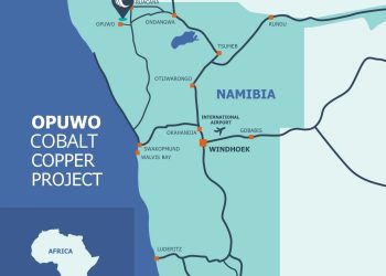 Map showing the Opowo Cobalt Copper Project area in northern Namibia with labeled towns and a highlighted project location on the coast near Opowo and Ruacana.