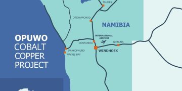 Map showing the Opowo Cobalt Copper Project area in northern Namibia with labeled towns and a highlighted project location on the coast near Opowo and Ruacana.