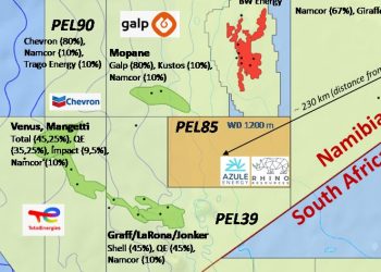 Map of offshore blocks in southern Africa showing license areas (PEL91, PEL39, PEL85) near the Namibia–South Africa border, with company logos (Chevron, TotalEnergies, Galp, NAMCOR) and boundary labels.