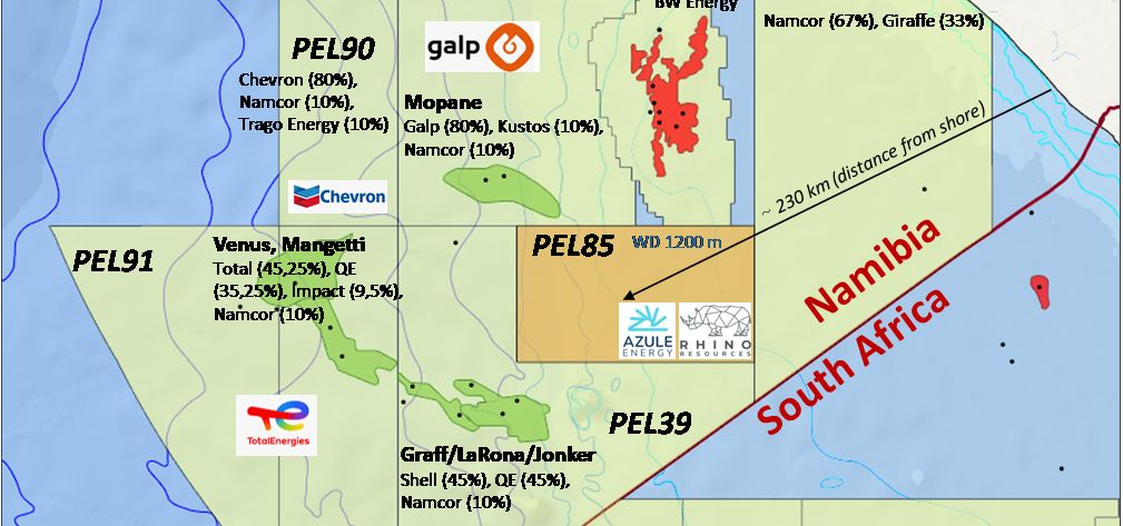 Map of offshore blocks in southern Africa showing license areas (PEL91, PEL39, PEL85) near the Namibia–South Africa border, with company logos (Chevron, TotalEnergies, Galp, NAMCOR) and boundary labels.
