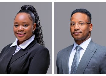 Two professional headshots: left profile of a smiling woman in a black blazer and white blouse, right profile of a man in a gray suit and glasses against a gray backdrop.