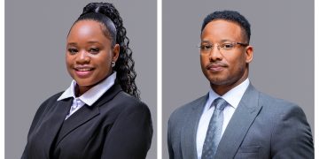 Two professional headshots: left profile of a smiling woman in a black blazer and white blouse, right profile of a man in a gray suit and glasses against a gray backdrop.