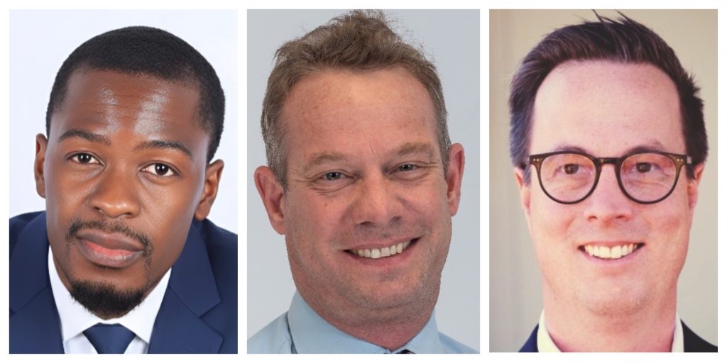 Three side-by-side headshots of men in business attire: left a Black man in a navy suit, center a smiling man in a blue shirt, right a man with glasses.