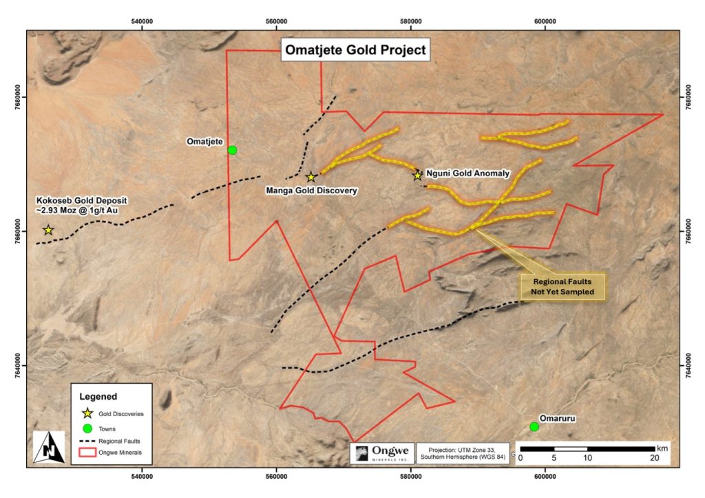 OMATJETE GOLD PROJECT | Mining and Energy Namibia | Namibia’s Leading Mining & Energy News Map of the Omatejte Gold Project area showing regional faults (dashed black lines), mines and discoveries (yellow stars for gold discoveries), towns (green dots for Omatejte and Omaruru), and the red boundary of Ongwe Minerals. Notable features: Kokoseb Gold Deposit, Manga Gold Discovery, Nguni Gold Anomaly, and un-sampled regional faults area with notes/legend.
