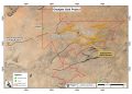 Map of the Omatejte Gold Project area showing regional faults (dashed black lines), mines and discoveries (yellow stars for gold discoveries), towns (green dots for Omatejte and Omaruru), and the red boundary of Ongwe Minerals. Notable features: Kokoseb Gold Deposit, Manga Gold Discovery, Nguni Gold Anomaly, and un-sampled regional faults area with notes/legend.