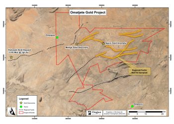 OMATJETE GOLD PROJECT | Mining and Energy Namibia | Namibia’s Leading Mining & Energy News Map of the Omatejte Gold Project area showing regional faults (dashed black lines), mines and discoveries (yellow stars for gold discoveries), towns (green dots for Omatejte and Omaruru), and the red boundary of Ongwe Minerals. Notable features: Kokoseb Gold Deposit, Manga Gold Discovery, Nguni Gold Anomaly, and un-sampled regional faults area with notes/legend.