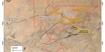 OMATJETE GOLD PROJECT | Mining and Energy Namibia | Namibia’s Leading Mining & Energy News Map of the Omatejte Gold Project area showing regional faults (dashed black lines), mines and discoveries (yellow stars for gold discoveries), towns (green dots for Omatejte and Omaruru), and the red boundary of Ongwe Minerals. Notable features: Kokoseb Gold Deposit, Manga Gold Discovery, Nguni Gold Anomaly, and un-sampled regional faults area with notes/legend.