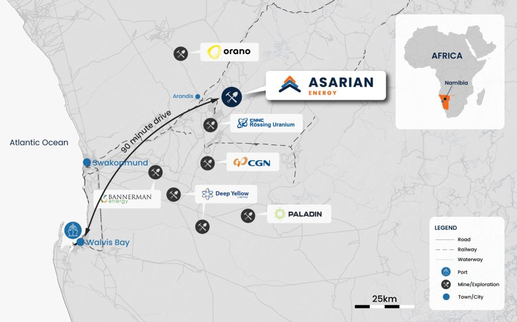 Map of western Namibia highlighting mining and exploration sites near Walvis Bay with company logos and routes shown, plus a small Africa inset map and legend.