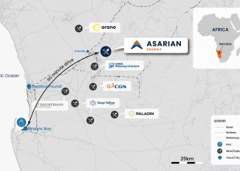 Forsys Metals | Mining and Energy Namibia | Namibia’s Leading Mining & Energy News Map of western Namibia highlighting mining and exploration sites near Walvis Bay with company logos and routes shown, plus a small Africa inset map and legend.