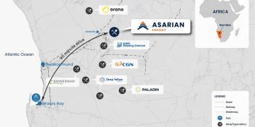 Forsys Metals | Mining and Energy Namibia | Namibia’s Leading Mining & Energy News Map of western Namibia highlighting mining and exploration sites near Walvis Bay with company logos and routes shown, plus a small Africa inset map and legend.