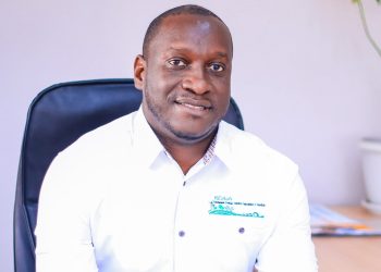 Portrait of a man in a white shirt sitting at a desk, smiling at the camera in an office setting with a plant in the background.