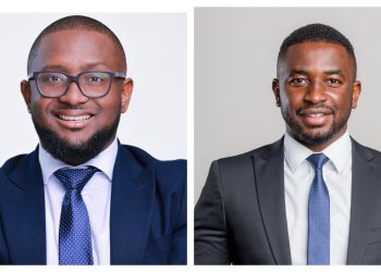 Two professional men in business attire pose for a split-screen portrait: left man with glasses smiling, right man without glasses smiling.