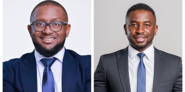 Two professional men in business attire pose for a split-screen portrait: left man with glasses smiling, right man without glasses smiling.