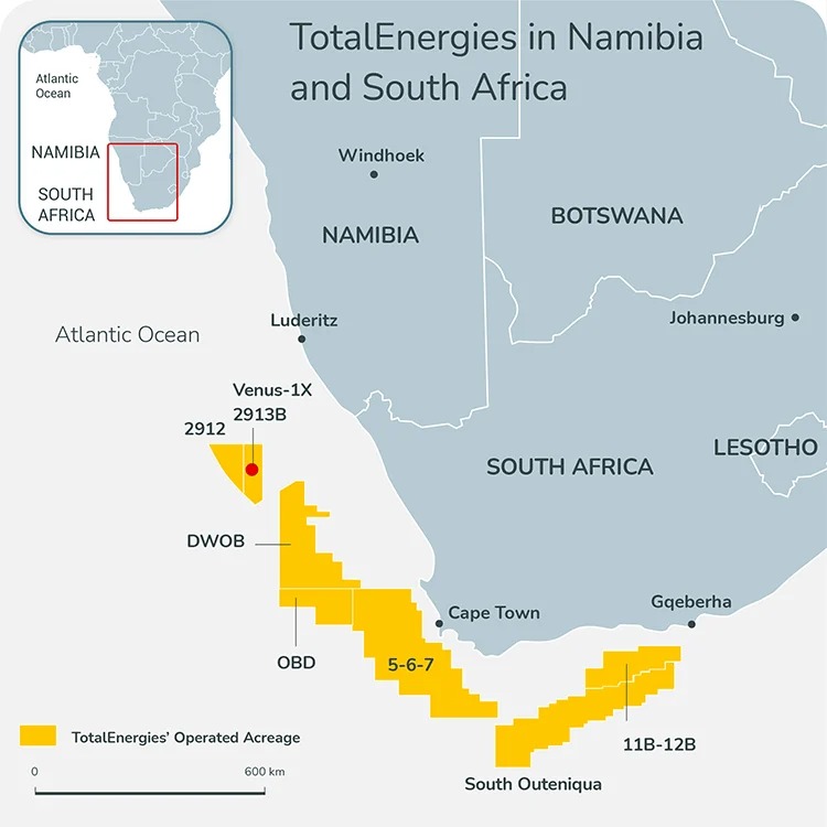 WhatsApp Image 2026-08-30 at 65947 PM | Mining and Energy Namibia | Namibia’s Leading Mining & Energy News Map highlighting TotalEnergies' offshore acreage along the southwestern African coast in yellow, with key locations labeled (Cape Town, Outeniqua).