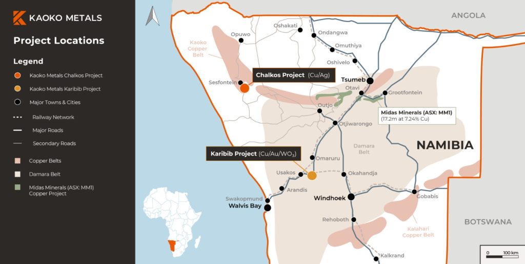KAOKO1 | Mining and Energy Namibia | Namibia’s Leading Mining & Energy News Namibia map highlighting Kaoko Metals Chalkos and Karibib projects with transport lines and legend