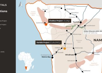 KAOKO1 | Mining and Energy Namibia | Namibia’s Leading Mining & Energy News Namibia map highlighting Kaoko Metals Chalkos and Karibib projects with transport lines and legend