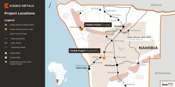 Namibia map highlighting Kaoko Metals Chalkos and Karibib projects with transport lines and legend