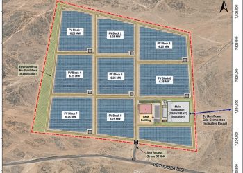 WhatsApp Image 2026-09-09 at 10021 PM | Mining and Energy Namibia | Namibia’s Leading Mining & Energy News A site map of a solar PV park showing eight blocks labeled PV Block 1 to PV Block 8, each 6.25 MW, arranged in a grid with internal roads and an O&M building near the main substation, all within a red dashed boundary and public road access at the bottom.