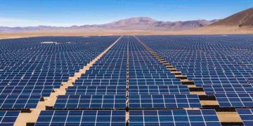 SOLAR PLANT | Mining and Energy Namibia | Namibia’s Leading Mining & Energy News Expansive desert solar farm with rows of blue solar panels stretching to the horizon under a clear blue sky.